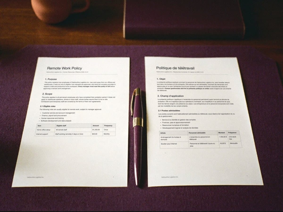 Two printed pages side by side on a plum desk pad: the fictional policy in English and its French translation, same layout.