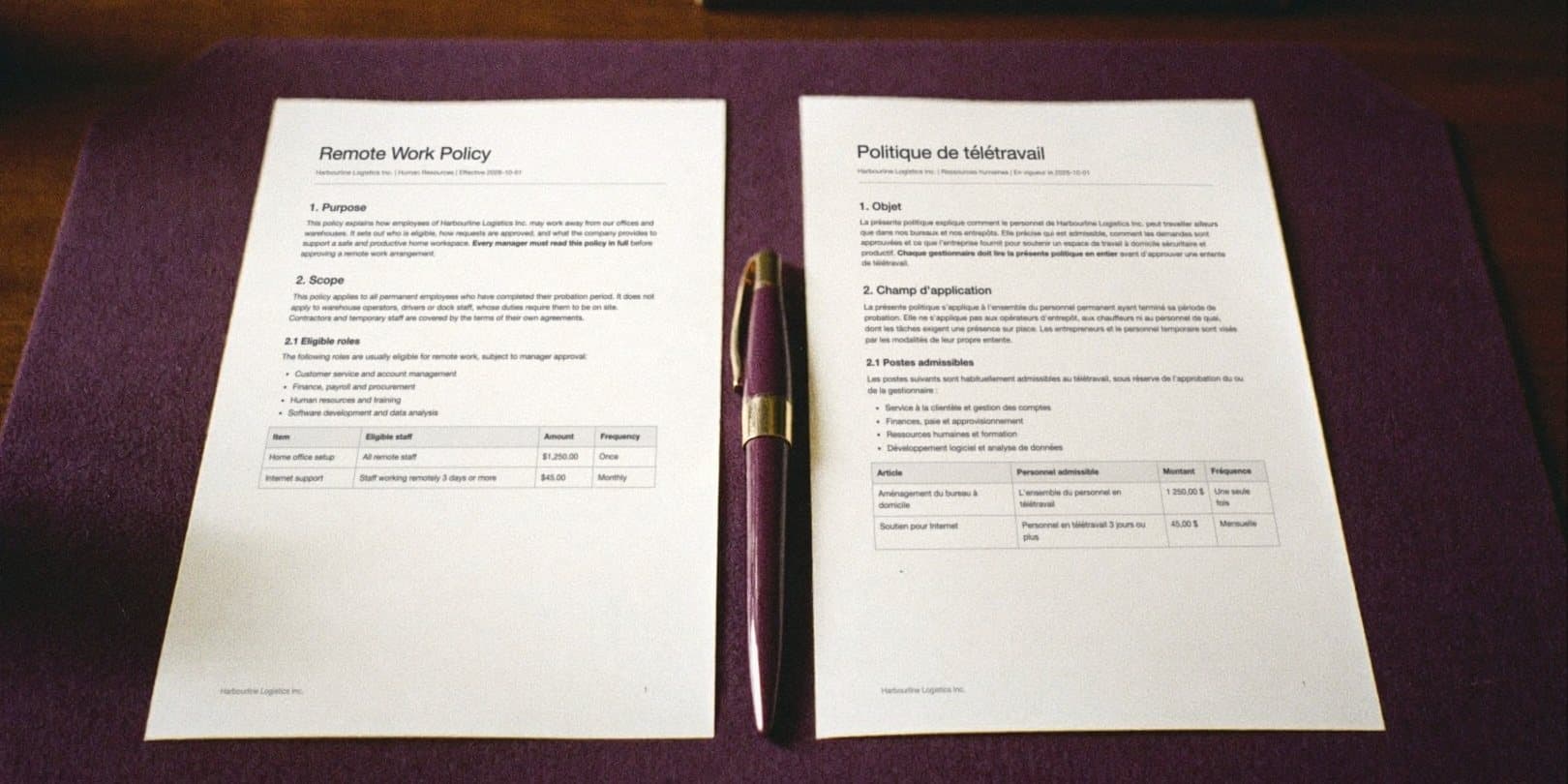 Two printed pages side by side on a plum desk pad: the fictional policy in English and its French translation, same layout.
